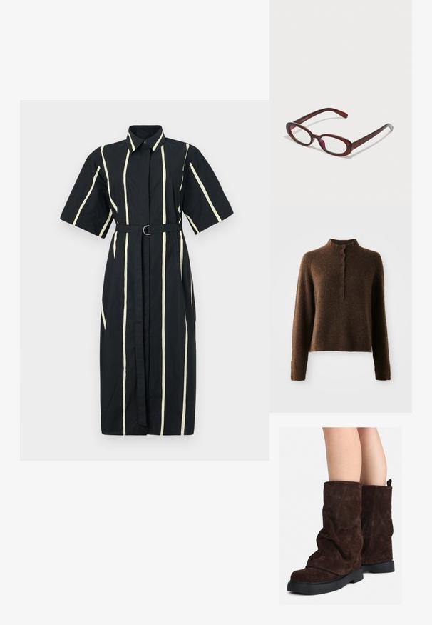 Rudas pūkuotas megztinis su ilgomis rankovėmis, aukštu raukšlėtu apykakle ir sagų plokšte, kurioje priekyje ir ant rankovių yra šešios juodos sagos.; Juoda marškinėlių suknelė su trumpomis rankovėmis, baltomis vertikaliomis dryžiais ir diržu su apvaliu sagtimi liemenyje. Pagaminta iš medvilnės.; Rudi od suede iki blauzdų aukščio, su juodais gumos padais, dėvimi ant nuogų kojų, rodo lengvą raukšlių susidarymą ant batų šonų.; Ovalo formos raudoni akiniai su skaidriais lęšiais ir elegantiškais rudais rėmeliais. Dizainas pasižymi subtiliomis kreivėmis ir minimaliais detalėmis.