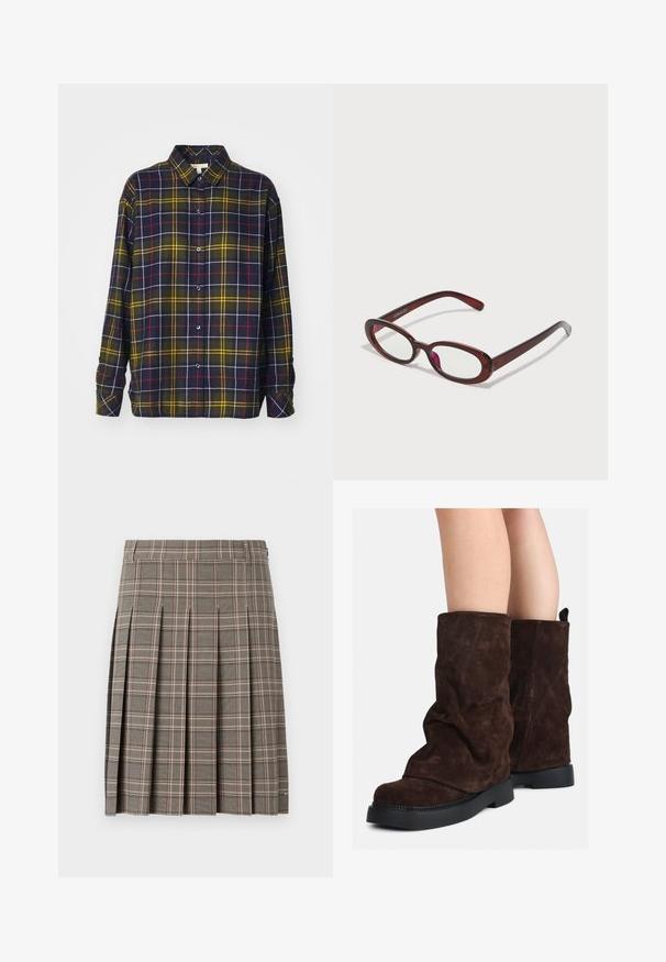 Hnědý chlupatý pletený svetr s dlouhými rukávy, vysokým žebrovým límcem a knoflíkovou lištou se šesti černými knoflíky na přední části a manžetách.; Barbour ELISHAW - Košilová halenka - classic tartan; Šedá kostkovaná sukně s puky, která obsahuje směs tmavých a světlých tónů a jemných růžových linií. Vyrobena z texturované látky s pasem.; Hnědé semišové kozačky po lýtka s černými gumovými podrážkami nošené na nahých nohách, s mírným pomačkáním na nohavicích.; Ovalo tvarované červené sluneční brýle s průhlednými skly a elegantními hnědými rámy. Design má jemné křivky a minimální hardware.