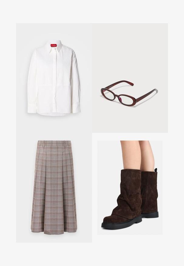 Pulover tricotat maro, pufos, cu mâneci lungi, guler înalt cu nervuri și o deschidere cu butoane, având șase butoane negre în față și pe manșete.; Cămașă albă cu un plastron frontal, dotat cu pliuri verticale, mâneci lungi și guler ascuțit. Eticheta din interior scrie "cras." Textura materialului este netedă.; Fustă midi pliată într-un model de carouri maronii și gri, realizată dintr-o țesătură texturată. Include un brâu și ajunge până la gambă.; Cizme din suede maro, până la jumătatea gambei, cu talpă din cauciuc negru, purtate pe picioare goale, arătând ușoare cute pe partea superioară a cizmelor.; Ochelari de soare roșii, în formă ovală, cu lentile transparente și rame elegante de culoare maro. Designul prezintă curbe subtile și minim de accesorii.; Geantă de voiaj din piele maro, cu două mânere superioare, o curea de umăr detașabilă, accesorii aurii și un eticheta rectangulară pentru bagaje. Suprafață texturată.