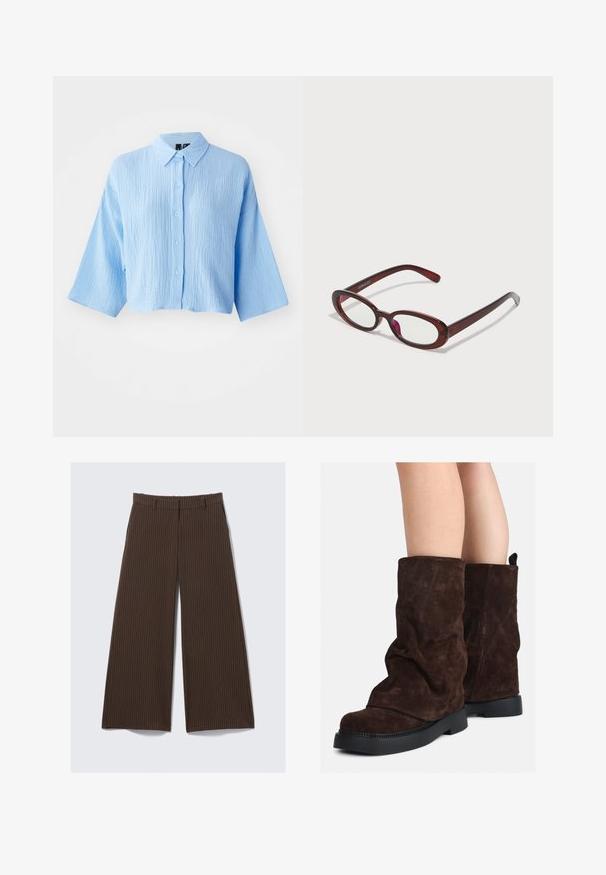 Brown fuzzy knit sweater with long sleeves, a high ribbed collar, and a button placket with six black buttons on front and cuffs.; Light blue, textured cropped shirt with a button-down front, collar, and wide sleeves. Features six matching buttons down the front.; Brown pinstripe wide-leg trousers with belt loops, front zipper, and side pockets, laid flat on a light background.; Brown suede mid-calf boots with black rubber soles worn on bare legs, showing slight wrinkling on the boot shafts.; Oval-shaped red sunglasses with clear lenses and sleek brown frames. The design features subtle curves and minimal hardware.