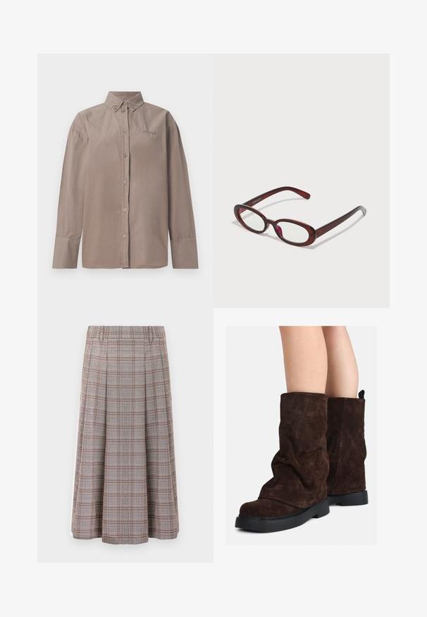 Bruine donzige gebreide trui met lange mouwen, een hoge ribbelkraag en een knoopsluiting met zes zwarte knopen aan de voorkant en bij de manchetten.; Lichtbruine katoenen overhemd met knoopsluiting, kraag en lange mouwen. Beschikt over gestikte details en logo.; Plissé midi-jurk in een bruin en grijs chevronpatroon, gemaakt van een textuurstof. Heeft een tailleband en valt tot halverwege het onderbeen.; Bruine suède laarzen tot halverwege het been met zwarte rubberen zolen, gedragen op blote benen, met een lichte rimpeling op de schacht van de laarzen.; Ovaalvormige rode zonnenbril met heldere lenzen en slanke bruine montuur. Het ontwerp heeft subtiele rondingen en minimale hardware.; Bruine leren duffelbag met twee handvatten bovenaan, een afneembare schouderriem, gouden hardware en een rechthoekig bagagetag. Gelaagde oppervlakte.