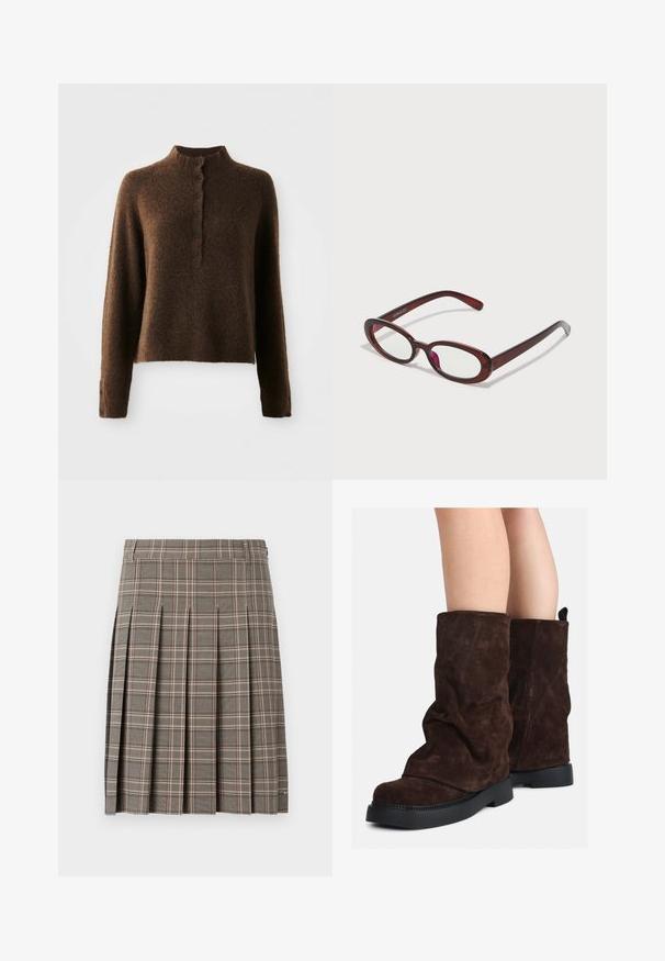 Suéter de punto marrón y fuzzy con mangas largas, un alto cuello acanalado y una botonera con seis botones negros en el frente y en los puños.; Falda de cuadros gris con pliegues, que presenta una mezcla de tonos oscuros y claros y líneas sutiles en rosa. Hecha de una tela con textura y con una cinta en la cintura.; Botas de ante marrón de medio muslo con suelas de goma negras, llevadas sobre piernas desnudas, mostrando un ligero arrugado en los caños de las botas.; Gafas de sol rojas en forma ovalada con lentes transparentes y elegantes montura marrón. El diseño presenta curvas sutiles y un hardware mínimo.