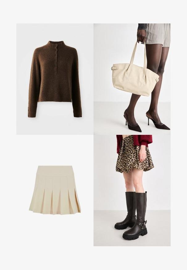 Brun fluffig stickad tröja med långa ärmar, en hög räfflad krage och en knappslå med sex svarta knappar fram och vid ärmsluten.; Beige plisserad kjol med en åtsittande midja, tillverkad av ett slätt tyg. Har flera vertikala plisseringar och en rak fåll.; Bruna läderknähöga stövlar med en tjock svart plattformssula, prydda med ett spänne, i kombination med en leopardskinnkjol.; Beige tote-väska med en slät läderfinish, strukturerad form, två handtag och sidospänne-detaljer. I kombination med eleganta svarta klackar.; Krämfärgad vadderad huvudband med vriden design, i kombination med en beige och vit randig skjorta med rund halsringning. Diskreta smyckeakcenter.