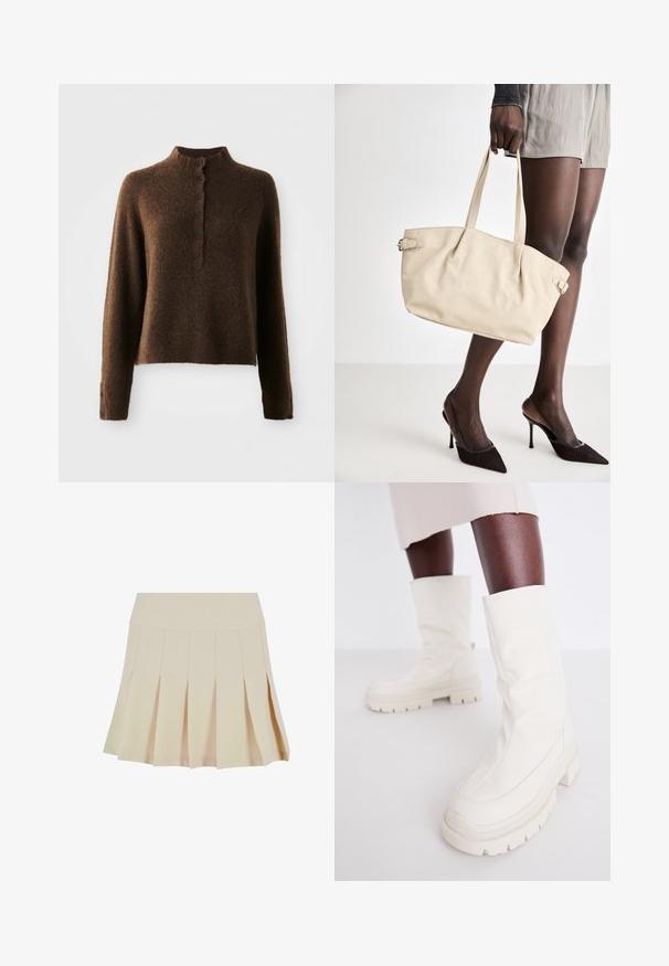 Brown fuzzy knit sweater with long sleeves, a high ribbed collar, and a button placket with six black buttons on front and cuffs.; Beige pleated skirt with a fitted waistband, made of a smooth fabric. Features multiple vertical pleats and a straight hem.; White ankle boots with a soft, textured finish, featuring a chunky rubber sole and a sculpted shape for modern design.; Beige tote bag with a smooth leather finish, structured shape, two handles, and side buckle detailing. Paired with elegant black heels.; Cream padded headband with twisted design, paired with a beige and white striped shirt featuring a round neckline. Subtle jewelry accents.