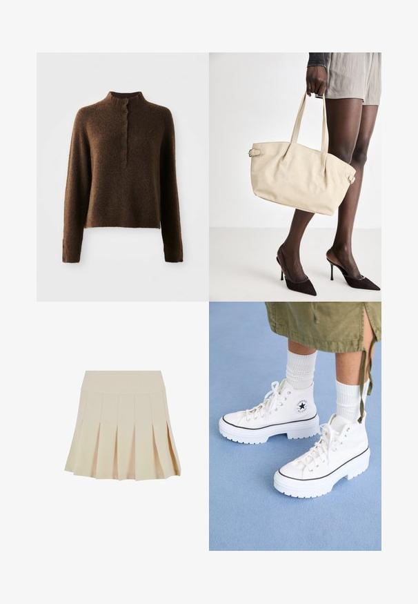 Maglione marrone in filato morbido con maniche lunghe, colletto alto a costine e una fila di sei bottoni neri sulla parte anteriore e sui polsini.; Gonna beige a pieghe con vita aderente, realizzata in un tessuto morbido. Presenta diverse pieghe verticali e un orlo dritto.; Sneaker alte bianche con tomaia in canvas testurizzato, punta in gomma e suola platform spessa bianca. Presenta dettagli e occhielli neri.; Borsa a tracolla beige con una finitura in pelle liscia, forma strutturata, due manici e dettagli a scatto laterali. Abbinata a eleganti tacchi neri.