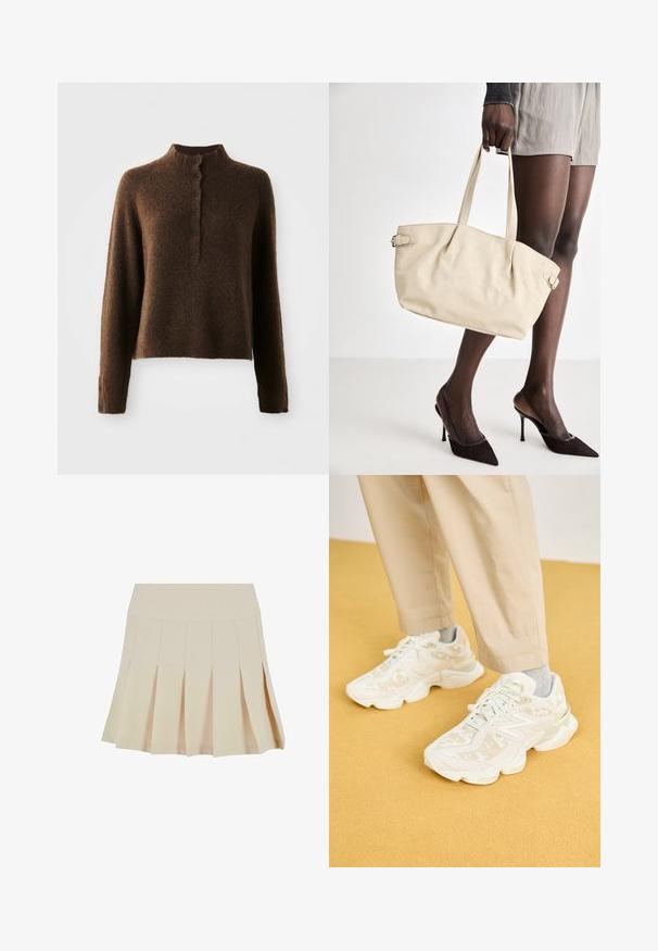 Pruun karvane kudum särk pikkade varrukatega, kõrge soonikkoes krae ja kuue musta nupuga nööpide rida ees ja mansettides.; Beesilt plekkidega seelik, millel on sobiv vöökoht, valmistatud siledast kangast. Omab mitmeid vertikaalseid plekke ja sirget äärt.; Valged sportlikud tennisetossud, millel on tekstuuriga pealis ja peened mustrid, ümar kuju ja pehmendusega tald, koos beezide pükstega.; Beež kott sileda nahaprindiga, struktureeritud kuju, kahe sangaga ning külgmiste nööpdetailidega. Sobitatud elegantsete mustade kõrgete kontsadega.; Kreemjas pehmendusega peapael, millel on keerutatud disain, koos beeži ja valge triibulise särgiga, millel on ümar kaelus. Diskreetne ehtedisain.