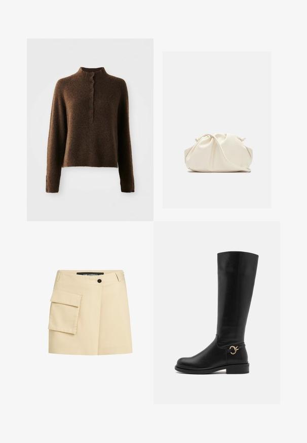 Pull en maille brun flou avec des manches longues, un col côtelé haut et une patte de boutonnage avec six boutons noirs à l'avant et aux poignets.; Jupe beige avec une taille ajustée, fermeture à boutons sur le devant et une poche cargo sur le côté gauche. Tissu lisse avec un design cintré.; Anna Field Wide Fit Bottes - black; Sac en cuir synthétique de couleur crème, doux, avec un design froncé, une bandoulière adjustable et une fermeture à cordon subtile. Texture lisse et forme arrondie.; Boucles d'oreilles en argent avec des surfaces rondes et réfléchissantes ; design minimaliste avec une texture lisse et un détail de marque subtil.
