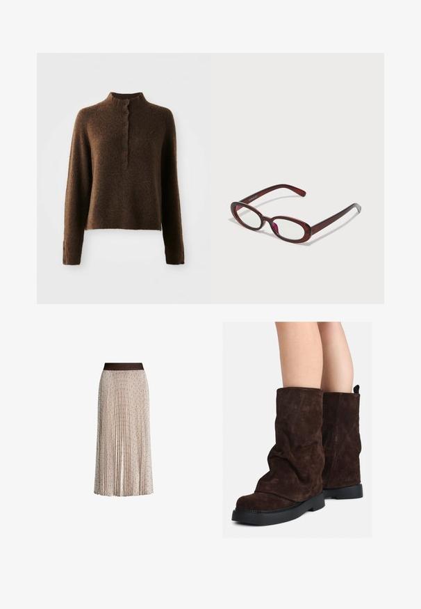 Pull en maille brun flou avec des manches longues, un col côtelé haut et une patte de boutonnage avec six boutons noirs à l'avant et aux poignets.; Jupe midi plissée beige avec un subtil motif géométrique et une taille foncée arborant le logo en relief "JOOP!".; Bottes en suède marron mi-mollet avec des semelles en caoutchouc noires portées sur des jambes nues, présentant de légers plis sur les tiges des bottes.; Des lunettes de soleil rouges en forme ovale avec des verres transparents et une monture brune élégante. Le design présente des courbes subtiles et un matériel minimal.