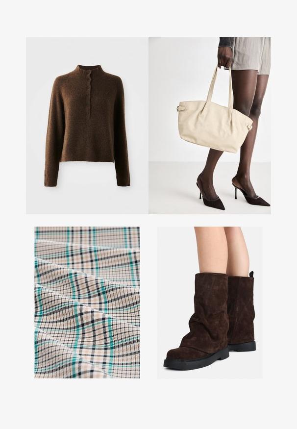 Barna bolyhos kötött pulóver hosszú ujjakkal, magas bordás gallérral, valamint elől és a mandzsettákon hat fekete gombbal ellátott gombolással.; Kockás szövet bézs, fekete és türkiz színben. Finom vonalakkal és texturált felülettel rendelkező rácsos mintázatot mutat, amely a kockás és csíkos elemek keverékét vonultatja fel.; Barna velúr, középig érő csizmák fekete gumitalppal, mezítláb viselve, a csizma szárán enyhe gyűrődések láthatók.; Beige színű shopper táska sima bőrfelülettel, strukturált formával, két fogantyúval és oldalsó csat díszítéssel. Elegáns fekete magassarkú cipővel párosítva.; Krém színű párnázott fejpánt csavaros kivitelezéssel, bézs és fehér csíkos pólóval párosítva, kerek nyakkivágással. Diszkrét ékszer kiegészítők.