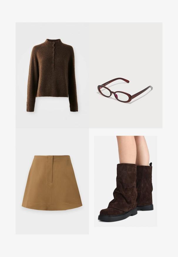 Brun ullen genser med lange ermer, høy ribbestrikket krage og en knappestolpe med seks svarte knapper foran og på ermene.; Brun skjørt med en utsvingt silhuett, laget av et glatt stoff. Har en enkel midjebånd og en detalj med søm bak.; Brune suedestøvler til midt på leggen med sorte gummisåler, båret på nakne legger, som viser lett rynking på støvelskaftene.; Ovale røde solbriller med klare linser og slanke brune rammer. Designet har subtile kurver og minimalt med utstyr.
