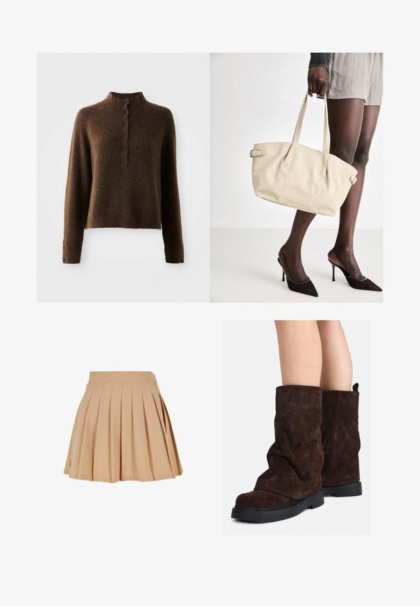 Hnědý chlupatý pletený svetr s dlouhými rukávy, vysokým žebrovým límcem a knoflíkovou lištou se šesti černými knoflíky na přední části a manžetách.; Beige mini sukně s plisováním a vysokým pasem, s jemně prošívaným logem na pravé straně pasu.; Hnědé semišové kozačky po lýtka s černými gumovými podrážkami nošené na nahých nohách, s mírným pomačkáním na nohavicích.; Bežová kabelka přes rameno s hladkým koženým povrchem, strukturovaným tvarem, dvěma ušima a postranním zdobením na sponách. Vytvořeno v elegantní kombinaci s černými lodičkami.; Krémová polstrovaná čelenka s twist designem, doplněná béžovým a bílým pruhovaným tričkem s kulatým výstřihem. Jemné šperky.