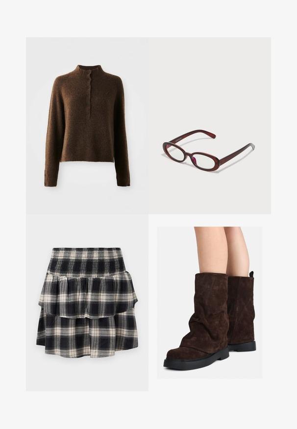 Hnedý huňatý pletený sveter s dlhými rukávmi, vysokým ribovaným golierom a patentným zapínaním s šiestimi čiernymi gombíkmi na prednej strane a na manžetách.; Čierno-biela kockovaná sukňa s tierovaním a elastickým pásom. Obsahuje volánové vrstvy a mäkkú bavlnenú textúru.; Hnedé semišové čižmy do polovice lýtok s čiernymi gumovými podrážkami nosené na holých nohách, s miernymi vráskami na šaftoch čižiem.; Okuliare v oválnom tvare s červenými sklami a elegantným hnedým rámom. Dizajn sa vyznačuje jemnými krivkami a minimálnym hardvérom.