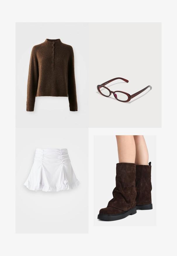Brown fuzzy knit sweater with long sleeves, a high ribbed collar, and a button placket with six black buttons on front and cuffs.; White skirt made of textured fabric with ruched detailing and ruffled hem. Features a flared design with a fitted waist.; Brown suede mid-calf boots with black rubber soles worn on bare legs, showing slight wrinkling on the boot shafts.; Oval-shaped red sunglasses with clear lenses and sleek brown frames. The design features subtle curves and minimal hardware.; Beige tote bag with a smooth leather finish, structured shape, two handles, and side buckle detailing. Paired with elegant black heels.