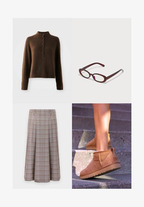 Brown fuzzy knit sweater with long sleeves, a high ribbed collar, and a button placket with six black buttons on front and cuffs.; White long-sleeve shirt with a button-up front, featuring a collar, soft ribbed texture, and light yellow buttons.; Pleated midi skirt in a brown and grey check pattern, made from a textured fabric. Features a waistband and falls to the mid-calf.; Tan suede ankle boots with a soft texture, stitched detailing, and a rubber sole, featuring a looped heel for easy wear.; Oval-shaped red sunglasses with clear lenses and sleek brown frames. The design features subtle curves and minimal hardware.; Brown leather duffle bag with two top handles, a removable shoulder strap, gold hardware, and a rectangular luggage tag. Textured surface.