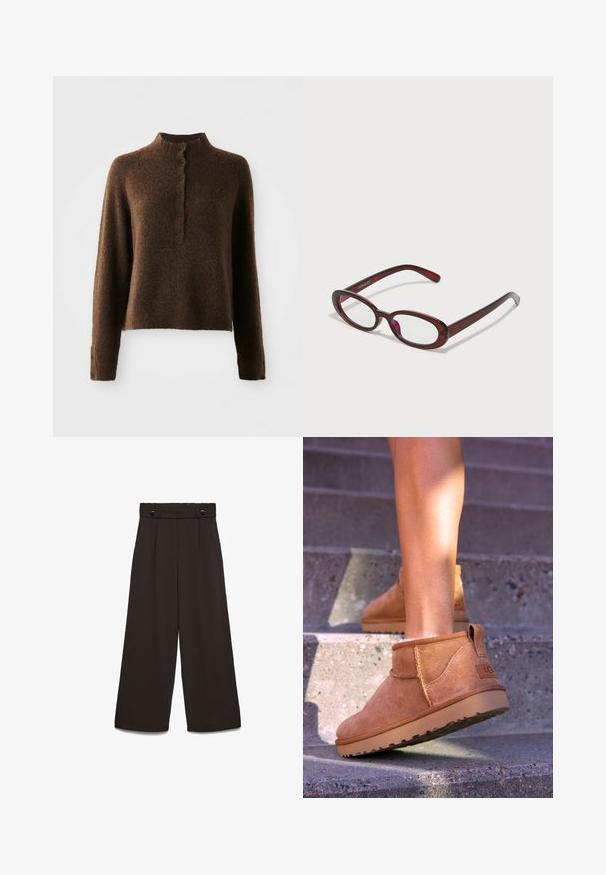 Bruine donzige gebreide trui met lange mouwen, een hoge ribbelkraag en een knoopsluiting met zes zwarte knopen aan de voorkant en bij de manchetten.; Witte lange mouwen shirt met een knoopsluiting aan de voorkant, voorzien van een kraag, zachte geribbelde textuur en lichtgele knopen.; Wijde broekspijpen van donkerbruine stof, met een hoge tailleband, twee steekzakken aan de voorkant en twee knopen aan de voorkant als sluiting. Gladde textuur.; Tamme suède enkelboots met een zachte textuur, gestikte details en een rubberen zool, met een lusvormige hak voor gemakkelijk aan- en uittrekken.; Ovaalvormige rode zonnenbril met heldere lenzen en slanke bruine montuur. Het ontwerp heeft subtiele rondingen en minimale hardware.; Bruine leren duffelbag met twee handvatten bovenaan, een afneembare schouderriem, gouden hardware en een rechthoekig bagagetag. Gelaagde oppervlakte.
