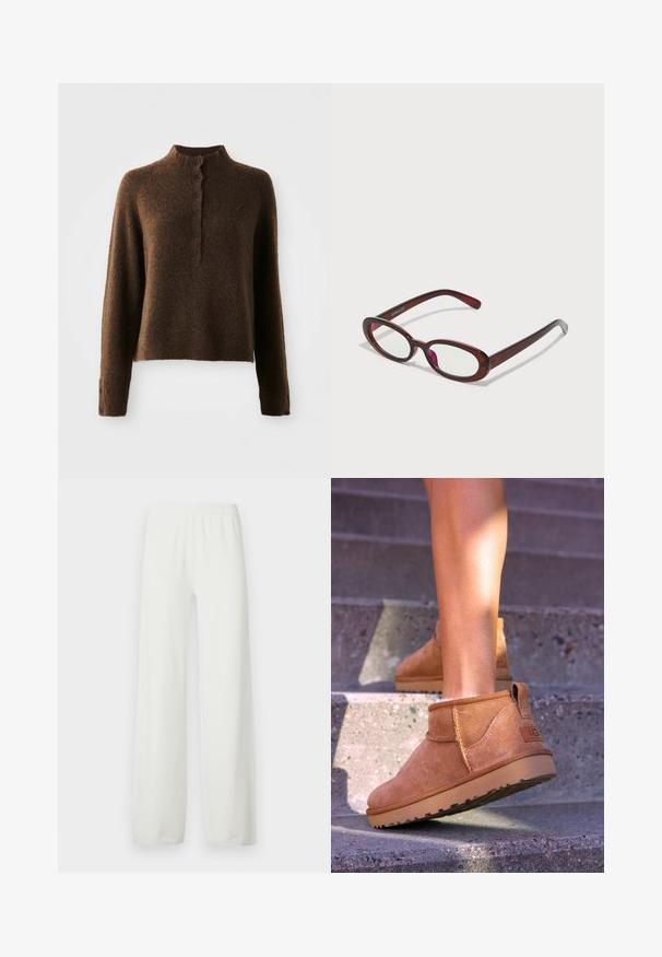 Bruine donzige gebreide trui met lange mouwen, een hoge ribbelkraag en een knoopsluiting met zes zwarte knopen aan de voorkant en bij de manchetten.; Witte lange mouwen shirt met een knoopsluiting aan de voorkant, voorzien van een kraag, zachte geribbelde textuur en lichtgele knopen.; Witte wijde broek van zachte, lichte stof. Voorzien van een elastische tailleband en rechte pijpen. Geen zichtbare patronen of accenten.; Tamme suède enkelboots met een zachte textuur, gestikte details en een rubberen zool, met een lusvormige hak voor gemakkelijk aan- en uittrekken.; Ovaalvormige rode zonnenbril met heldere lenzen en slanke bruine montuur. Het ontwerp heeft subtiele rondingen en minimale hardware.; Bruine leren duffelbag met twee handvatten bovenaan, een afneembare schouderriem, gouden hardware en een rechthoekig bagagetag. Gelaagde oppervlakte.