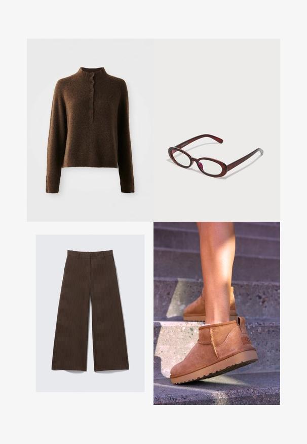 Pull en maille brun flou avec des manches longues, un col côtelé haut et une patte de boutonnage avec six boutons noirs à l'avant et aux poignets.; Chemise blanche à manches longues avec un devant à boutons, arborant un col, une texture côtelée douce et des boutons jaunes clairs.; Pantalon large à rayures marron avec passants de ceinture, fermeture éclair à l'avant et poches latérales, posé à plat sur un fond clair.; Bottines en suede beige avec une texture douce, des détails cousus et une semelle en caoutchouc, dotées d'un talon en boucle pour un enfilage facile.; Des lunettes de soleil rouges en forme ovale avec des verres transparents et une monture brune élégante. Le design présente des courbes subtiles et un matériel minimal.; Sac de voyage en cuir marron avec deux poignées supérieures, une bandoulière amovible, des éléments en métal doré et une étiquette à bagages rectangulaire. Surface texturée.