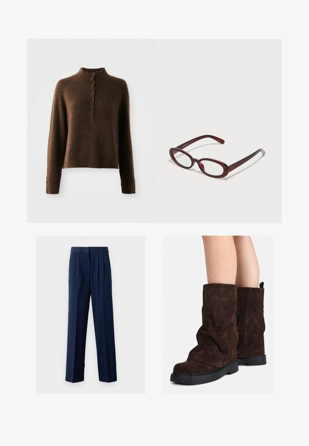 Brown fuzzy knit sweater with long sleeves, a high ribbed collar, and a button placket with six black buttons on front and cuffs.; White long-sleeve shirt with a button-up front, featuring a collar, soft ribbed texture, and light yellow buttons.; Navy blue tailored trousers with pleats, straight leg design, made from lightweight fabric. Features a waistband with belt loops.; Brown suede mid-calf boots with black rubber soles worn on bare legs, showing slight wrinkling on the boot shafts.; Oval-shaped red sunglasses with clear lenses and sleek brown frames. The design features subtle curves and minimal hardware.