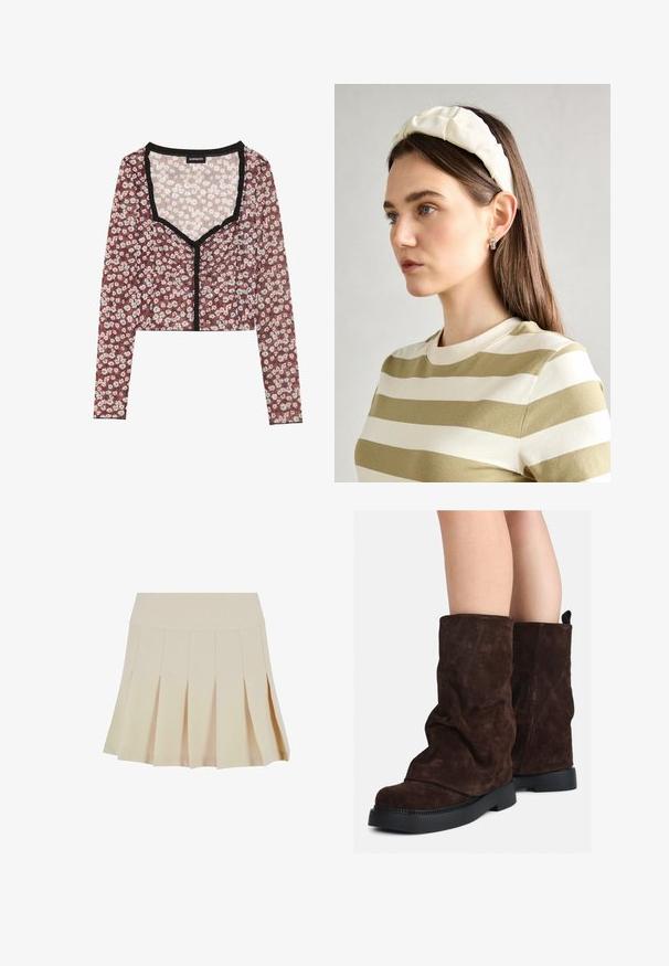 Ruskea pörröinen neulepaita, jossa on pitkät hihat, korkea ribbireuna ja nappilista, jossa on kuusi mustaa nappia edessä ja hihoissa.; Kukkakuvioinen lyhythihainen yläosa, jossa on pitkät hihat. Punainen tausta, valkoisia ja vaaleanpunaisia kukkia, musta röyhelö kauluksessa ja etuosassa, kevyt kangas.; Beige hame plisat dengan pinggang yang pas, terbuat dari fabric yang halus. Memiliki beberapa plis vertikal dan hem yang lurus.; Brown suede saapaat keskimittaisilla varrella, mustilla kumipohjilla, käytettyinä paljailla jaloilla, joissa on havaittavissa kevyitä ryppyjä saappaiden varrella.; Kermainen pehmustettu pääpanta, jossa on kiertävä muotoilu, yhdistettynä beige-valkoraidalliseen puseroon, jossa on pyöreä pääntie. Huomaamaton koruasu.