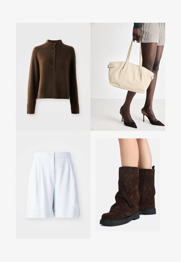 Brun ullen genser med lange ermer, høy ribbestrikket krage og en knappestolpe med seks svarte knapper foran og på ermene.; Lys blå linshorts med en skreddersydd passform, plisserte front, knappelukking og sidelommer. Glatt tekstur og mid-lår lengde.; Brune suedestøvler til midt på leggen med sorte gummisåler, båret på nakne legger, som viser lett rynking på støvelskaftene.; Beige tote bag med en glatt lærfinish, strukturert form, to håndtak og sidespenne detaljer. Kombinert med elegante svarte hæler.; Kremfarget polstret hodebånd med tvunnet design, kombinert med en beige og hvit stripete skjorte med rund halsutskjæring. Subtile smykker som aksenter.