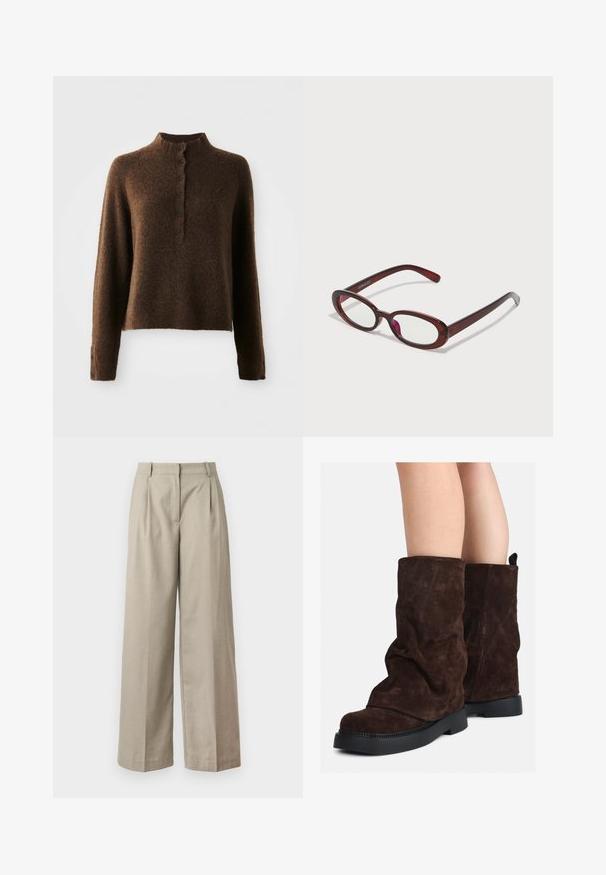 Brauner fuzzie Strickpullover mit langen Ärmeln, einem hohen gerippten Kragen und einer Knopfleiste mit sechs schwarzen Knöpfen vorne und an den Bündchen.; Beige weite Hosen aus glattem Stoff, mit einer taillierten Taille, Falten und einem lockeren Schnitt an den Beinen. Schlichtes Design und klare Linien.; Braune Wildleder-Stiefel bis zur Wade mit schwarzen Gummisohlen, die an nackten Beinen getragen werden und leichte Faltenbildung an den Schafthaltern aufweisen.; Ovale rote Sonnenbrillen mit klaren Gläsern und schlanken braunen Fassungen. Das Design weist sanfte Kurven und minimalen Hardwareeinsatz auf.