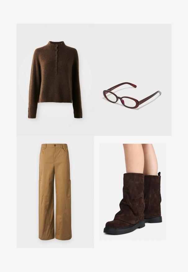 Brūns pūkains adīts džemperis ar garām piedurknēm, augstu ribota apkakle un pogu plāksteris ar sešām melnām pogām priekšā un pie piedurknēm.; Brūnas platā kāju bikses, izgatavotas no kokvilnas, ar pogu aizdari, sānu kabatām un pamanāmām šuvēm.; Brūni zamšādas puszābaki līdz teļiem ar melnām gumijas zālēm uz atklātām kājām, ar vieglu krokām uz zābaku kājām.; Ovālas formas sarkanās saulesbrilles ar caurspīdīgām lēcām un gludām brūnām rāmī. Dizainā ir nemanāmas līknes un minimāls aparatūras daudzums.