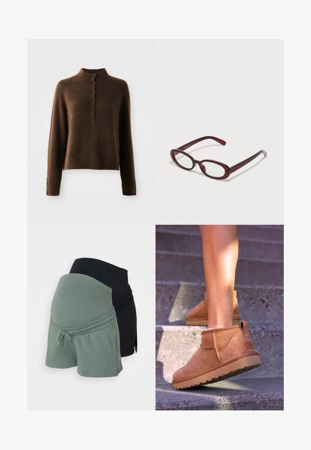 Rjav puhast pleten pulover z dolgimi rokavi, visokim rebrastim ovratnikom in gumbnim zapenjanjem s šestimi črnimi gumbi spredaj in na manšetah.; Materniteta kratke hlače v črni in zeleni barvi. Mehka bombažna tkanina, sproščen kroj, nastavljiv pas s vrvico, s plastično zasnovo.; Svetlosive nobuck gležnjarji z mehko teksturo, všitimi detajli in gumijastim podplatom, z zanko na peti za enostavno obuvanje.; Ovalno oblikovani rdeči sončna očala s prozornimi lečami in elegantnimi rjavimi okvirji. Oblikovanje vključuje subtilne krivulje in minimalno opremo.; Brah usn baga uđepi vn mišeb s dvema zgornjima ročajema, odstranljivo ramenskim trakom, zlatim okovjem in pravokotno označevalno kartico. Teksture površine.
