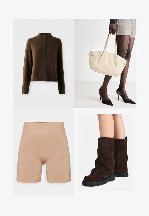 Bruine donzige gebreide trui met lange mouwen, een hoge ribbelkraag en een knoopsluiting met zes zwarte knopen aan de voorkant en bij de manchetten.; Even&Odd active MID RISE SEAMLESS CYCLING SHORTS WITH RIBBED WAISTBAND
- Tights - dark brown; Bruine suède laarzen tot halverwege het been met zwarte rubberen zolen, gedragen op blote benen, met een lichte rimpeling op de schacht van de laarzen.; Beige schoudertas met een gladde leren afwerking, gestructureerde vorm, twee handvatten en zijgespen. Gecombineerd met elegante zwarte hakken.