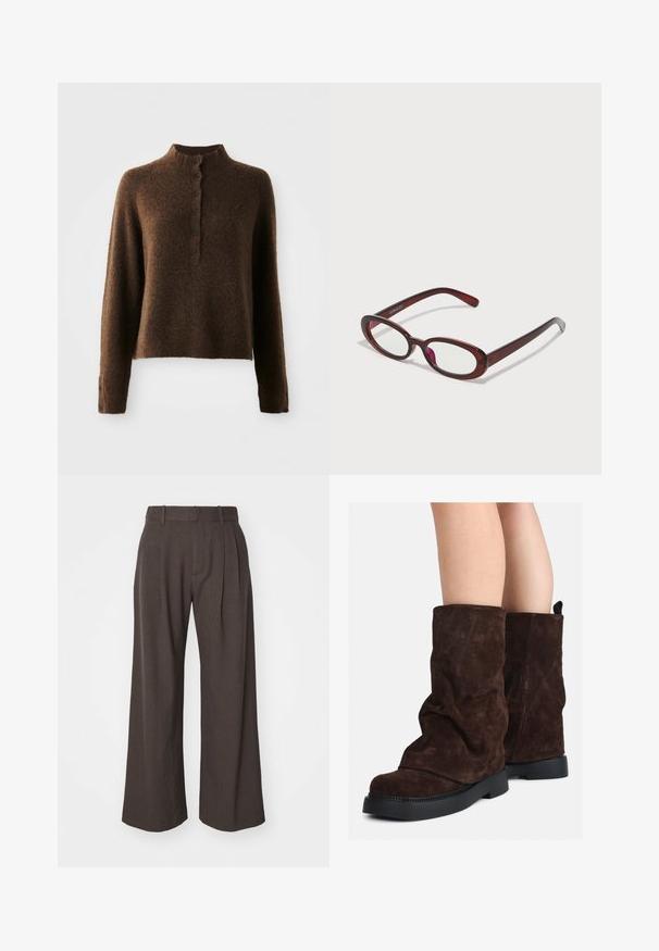 Brūns pūkains adīts džemperis ar garām piedurknēm, augstu ribota apkakle un pogu plāksteris ar sešām melnām pogām priekšā un pie piedurknēm.; GAP TROUSER - Auduma bikses - brown; Brūni zamšādas puszābaki līdz teļiem ar melnām gumijas zālēm uz atklātām kājām, ar vieglu krokām uz zābaku kājām.; Ovālas formas sarkanās saulesbrilles ar caurspīdīgām lēcām un gludām brūnām rāmī. Dizainā ir nemanāmas līknes un minimāls aparatūras daudzums.