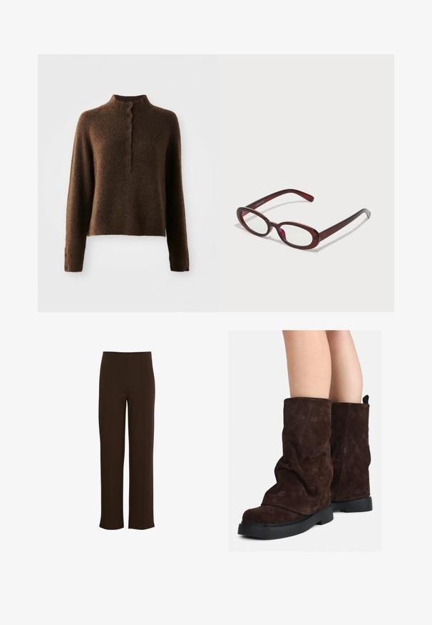 Pull en maille brun flou avec des manches longues, un col côtelé haut et une patte de boutonnage avec six boutons noirs à l'avant et aux poignets.; Pantalons marron à jambes larges en matériau doux et extensible. Présente des coutures verticales et une taille épurée pour un look soigné.; Bottes en suède marron mi-mollet avec des semelles en caoutchouc noires portées sur des jambes nues, présentant de légers plis sur les tiges des bottes.; Des lunettes de soleil rouges en forme ovale avec des verres transparents et une monture brune élégante. Le design présente des courbes subtiles et un matériel minimal.