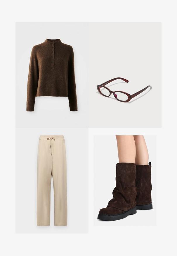 Brun ullen genser med lange ermer, høy ribbestrikket krage og en knappestolpe med seks svarte knapper foran og på ermene.; WEEKEND MaxMara ROMAGNA - Bukse - sabbia; Brune suedestøvler til midt på leggen med sorte gummisåler, båret på nakne legger, som viser lett rynking på støvelskaftene.; Ovale røde solbriller med klare linser og slanke brune rammer. Designet har subtile kurver og minimalt med utstyr.