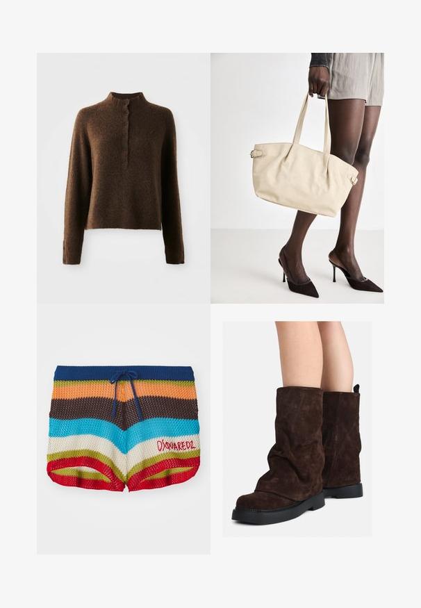 Bruine donzige gebreide trui met lange mouwen, een hoge ribbelkraag en een knoopsluiting met zes zwarte knopen aan de voorkant en bij de manchetten.; Gebreide shorts met horizontale strepen in blauw, oranje, bruin, turquoise, crème, groen en rood, met een marineblauwe trekkoord en een rode "Dsquared2" logo.; Bruine suède laarzen tot halverwege het been met zwarte rubberen zolen, gedragen op blote benen, met een lichte rimpeling op de schacht van de laarzen.; Beige schoudertas met een gladde leren afwerking, gestructureerde vorm, twee handvatten en zijgespen. Gecombineerd met elegante zwarte hakken.