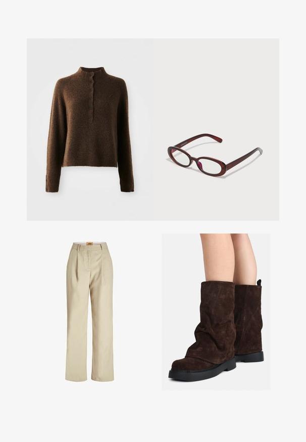 Pull en maille brun flou avec des manches longues, un col côtelé haut et une patte de boutonnage avec six boutons noirs à l'avant et aux poignets.; Pantalons larges beiges en tissu léger. Comprend des plis avant, une ceinture lisse et une étiquette à l'intérieur de la ceinture.; Bottes en suède marron mi-mollet avec des semelles en caoutchouc noires portées sur des jambes nues, présentant de légers plis sur les tiges des bottes.; Des lunettes de soleil rouges en forme ovale avec des verres transparents et une monture brune élégante. Le design présente des courbes subtiles et un matériel minimal.