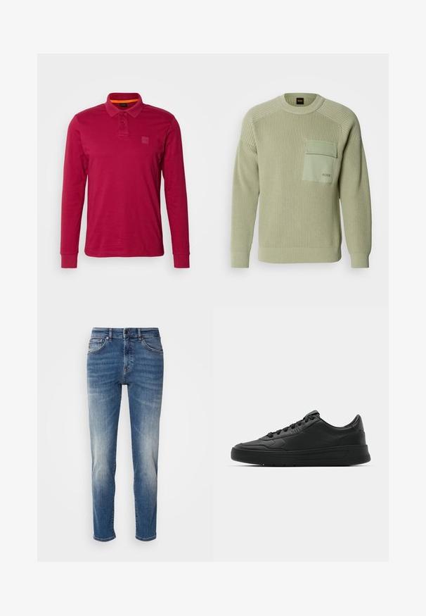 Šviesiai žalia megzta suknelė su iškilniu raštu, apvaliu kaklu ir priekinėmis kišenėmis. Kišenėje yra logotipas, o rankogaliai priglunda.; Ilga rankovė polo marškinėliai sodrios burgundo spalvos, pagaminti iš medvilnės, su trimis mygtukais priekyje, raukšlėtomis rankovėmis ir mažu logotipo ženkleliu krūtinėje.; Mėlyni džinsai su tiesiu kirpimu, šviesiu nusidėvėjimu, klasikinė penkių kišenių stiliumi ir užtrauktuku su sagute.; Juodi sportiniai batai su lygia odine viršutine dalimi, apvaliu pirštu, plokščiomis raišteliais, pagaminta su paminkštinta apykakle ir minimalizmo dizainu. Guma padais su subtilia protektoriaus raštu.