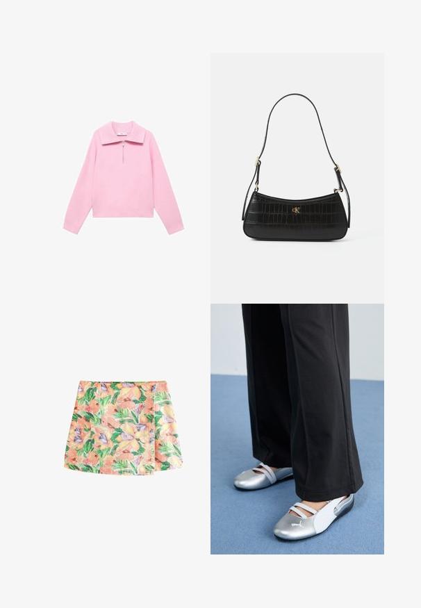 Roze cropped sweatshirt met een hoge kraag en een halve rits aan de voorkant. Beschikt over lange mouwen en een gladde, zachte textuur. Geen patronen of accenten aanwezig.; Next Minirok - tropical print; Zilveren en witte platte schoenen met kruislingse banden en textuurdetails, aangevuld met losse zwarte broeken. Geplaatst tegen een blauwe vloer.; Zwarte leren handtas met krokodillenstructuur, slank ontwerp en gouden hardware. Voorzien van een enkele schouderriem en een reliëf logo-detail.