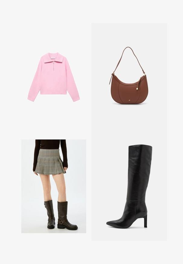 Roze cropped sweatshirt met een hoge kraag en een halve rits aan de voorkant. Beschikt over lange mouwen en een gladde, zachte textuur. Geen patronen of accenten aanwezig.; Beige en zwarte ruitjes minirok met plooien en een aansluitende taille. Gecombineerd met hoge bruine leren laarzen met gespen.; Knee-high zwarte leren stiletto laarzen met een spitse neus en een gladde textuur. De hak is blokstijl, wat stabiliteit aan het ontwerp toevoegt.; Bruine faux leren schoudertas met een gebogen vorm, minimale stiksels en een gouden hardware-accent. Voorzien van een bovenste ritsluiting en een verstelbare schouderband.