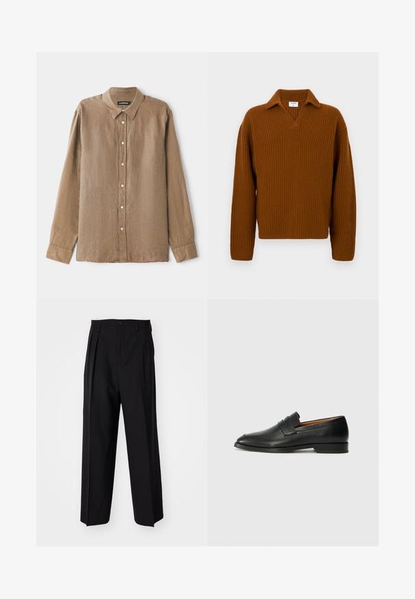 Smeđi rebrasti pleteni pulover s V-izrezom i ovratnikom, s dugim rukavima i opuštenim krojem. Tekstuirana tkanina dodatno poboljšava vizualni interes.; Smeđa košulja dugih rukava od lagane, teksturirane tkanine, s kragnom i gumbima sprijeda s kontrastnim gumbima. Dizajn s opuštenim krojem.; Crne plisirane hlače s ravnim širokim nogavicama. Izrađene od glatkog materijala, s dugmadi za zatvaranje i petljama za remen.; Crni kožni loafer s okruglim vrhom, suptilnim šavovima i niskim petama, s glatkom teksturom i minimalističkim dizajnom.