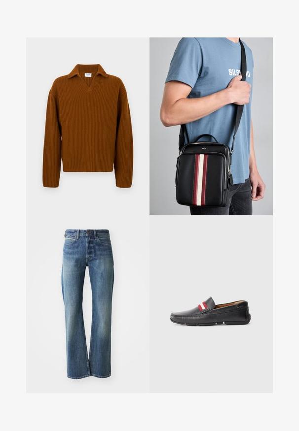 Smeđi rebrasti pleteni pulover s V-izrezom i ovratnikom, s dugim rukavima i opuštenim krojem. Tekstuirana tkanina dodatno poboljšava vizualni interes.; Traperice u svijetloplavoj do srednje plavoj boji, ravnog kroja, klasičnog petorocket dizajna i s blagim izblijeđenjem sprijeda.; Crne kožne cipele na vezanje s teksturiranom površinom, crvenim i bijelim prugastim akcentom na gornjem dijelu, zaobljenim vrhom i gumeni potplat.; Crna kožna torba preko tijela s okomitim prugama u crvenoj, bijeloj i bež boji. Ima gornju ručku i podesivu traku. Vidljivo zatvaranje na zatvarač.