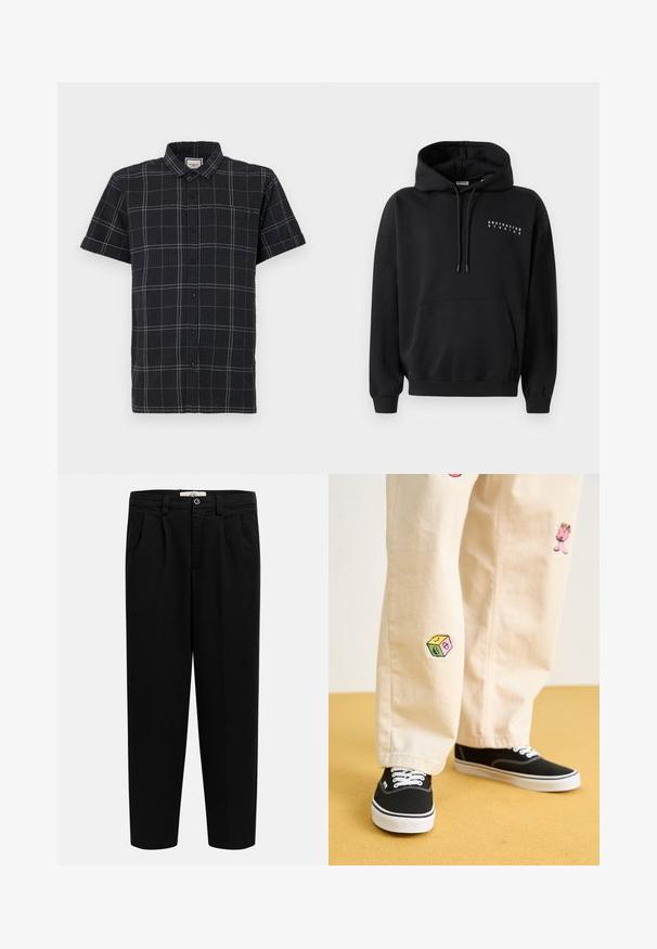 Mustan hupparin etuosassa on kengurupussi, nyörikiinnitteinen huppu ja rinnassa valkoisena painettu "ABSTRACTED STUDIOS" -logo. Yhdistehuppari.; Lyhythihainen nappipaita mustana, jossa on teksturoitu kangas, valkoisella ruutukuviolla ja terävä kaulus.; Mustat korkeavyötäröiset suorat housut, joissa on vyölenkit, etutaitteet, sivutaskut ja napitus vyötäröllä.; Beige puuvillahousut leikkisillä brodeeratuilla kuvioilla, mukaan lukien vaaleanpunainen hahmo ja värikäs lohko, yhdistettynä mustiin nauhakengiin.