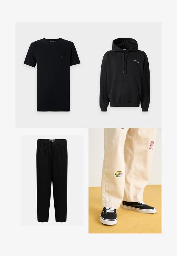 Černá mikina s kapucí a přední kapsou ve stylu klokaní, s šňůrkou na kapuci a potiskem "ABSTRACTED STUDIOS" v bílé barvě na prsou. Design na přes hlavu.; Černé bavlněné tričko s krátkým rukávem, kulatým výstřihem, s malým, decentním logem v odpovídající barvě na levé straně hrudi.; Černé kalhoty vyrobené z měkké tkaniny, s rovným střihem nohavic, předními záhyby a knoflíkovým zapínáním v pase.; Béžové bavlněné kalhoty s hravými vyšívanými vzory, včetně růžové postavičky a barevného bloku, v kombinaci s černými šněrovacími teniskami.
