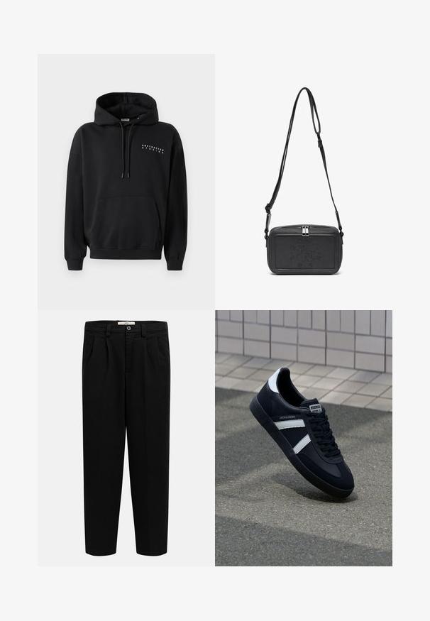 Sudadera negra con un bolsillo canguro frontal, capucha con cordón y "ABSTRACTED STUDIOS" impreso en blanco en el pecho. Diseño de tipo pullover.; Pantalones negros de talle alto y pierna recta con trabillas para cinturón, pinzas delanteras, bolsillos laterales y cierre de botón en la cintura.; Zapatilla de cuero negra con rayas blancas, suela de goma texturizada y parte frontal con cordones. Cuenta con una etiqueta de marca en la lengüeta.; Bolso cruzado de piel negra con cierre de cremallera, logotipo embossing en el frente y correa ajustable. Textura suave con forma rectangular.