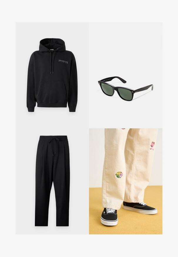 Sweatshirt noir avec une poche kangourou à l'avant, capuche avec cordon de serrage, et "ABSTRACTED STUDIOS" imprimé en blanc sur la poitrine. Design à enfiler.; Pantalons noirs légers avec une coupe décontractée. Dotés d'une taille élastique avec cordon de serrage ajustable et de poches latérales. Texture lisse.; Pantalon en coton beige avec des motifs brodés ludiques, incluant un personnage rose et un bloc de couleur, associé à des baskets noires à lacets.; Lunettes de soleil en plastique noir avec verres verts, monture carrée, accent argenté sur le sourcil et branches texturées. Marque indiquée sur l'intérieur de la branche.