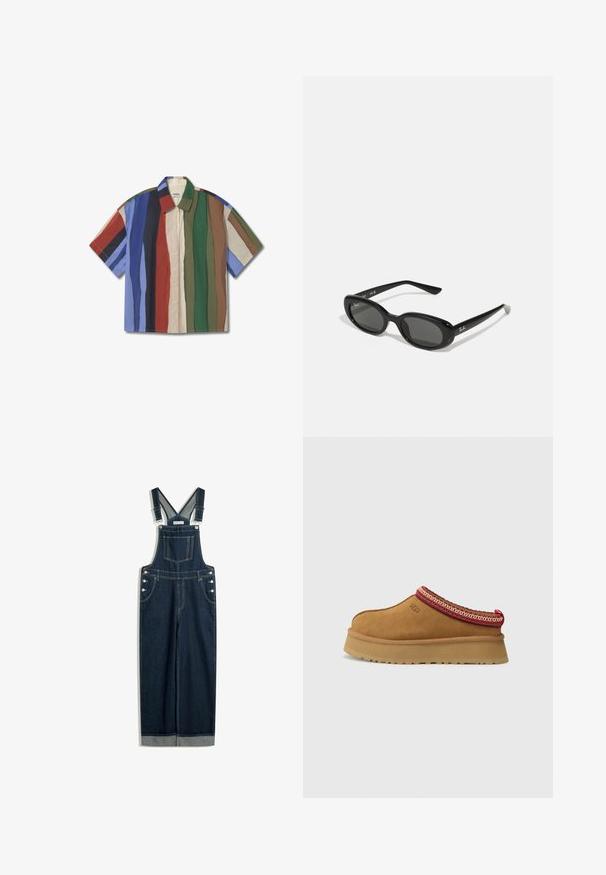 Hellblaues Sweatshirt mit einem Walfisch-Graphic, aus weichem Material hergestellt. Mit gerippten Bündchen und Saum in Marineblau. Kurz geschnittenes Design, lange Ärmel.; Kurzärmliges Hemd mit Knopfleiste, das vertikale Streifen in Blau, Grün, Rot, Beige und Braun zeigt. Hergestellt aus leichtem Stoff mit lockerem Schnitt.; Dunkelblaue Denim-Latzhose mit verstellbaren Trägern, einer Vordertasche, seitlichen Knöpfen und einem weiten Beinprofil mit umgeschlagenem Saum.; Braune Wildleder-Slipper mit rot-creamfarbenem gemusterten Besatz, strukturiertem Absatz und UGG-Logo an der Seite. Verfügt über eine leichte Plattformhöhe.; Schwarze Sonnenbrille mit ovalen Gläsern, glänzendem Kunststoffrahmen und schlanken Bügeln. Mit Ray-Ban-Logo in Weiß an der Seite.