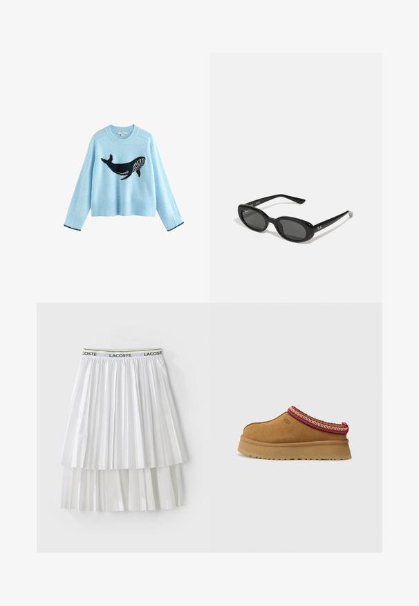 Svetlo modrý sveter s grafikou velryby, vyrobený z mäkkého materiálu. Má rebrované manžety a lem s námorníckymi akcentmi. Krátky strih, dlhé rukávy.; Biela skladaná sukňa s textúrovaným dizajnom, vybavená elastickým opaskom s logom. Materiál má hladký povrch s vrstvenými segmentmi.; Hnedá semišová obuv na slip-on s červeným a krémovým vzorovaným lemovaním, textúrovanou podrážkou a logom UGG na boku. Obsahuje mierne zvýšenú platformu.; Čierne slnečné okuliare s oválnymi šošovkami, lesklý plastový rám a štíhle ramienka. Na boku majú biele logo Ray-Ban.; Červený šál s bielymi bodkami a vzorovaným okrajom. Vyrobený z ľahkého materiálu, s viazaným dizajnom a špicatými koncami.