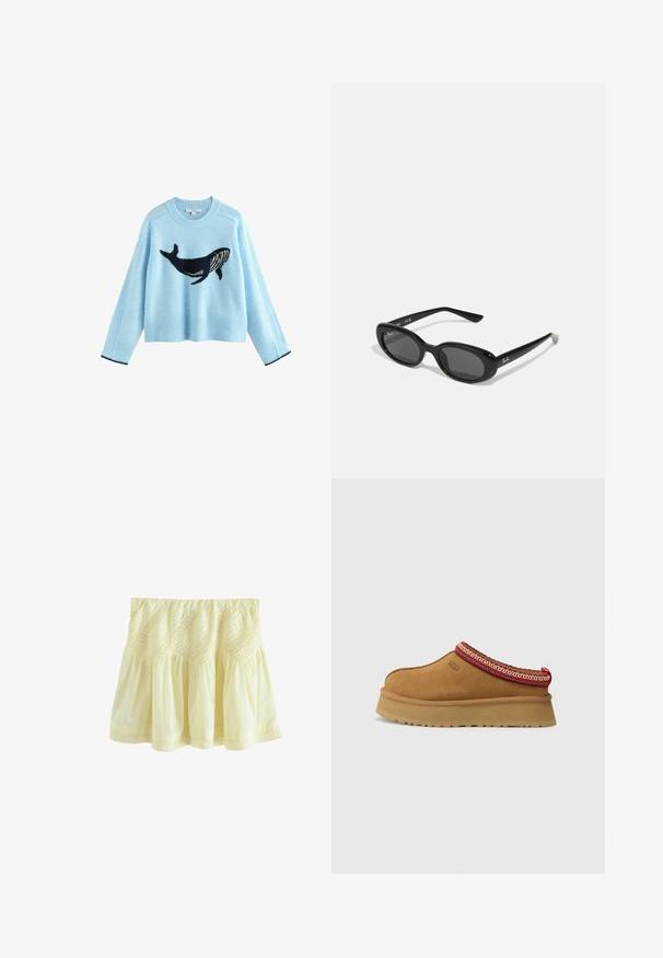 Jasnoniebieski sweter z grafiką wieloryba, wykonany z miękkiego materiału. Posiada ściągacze przy mankietach i dolnej krawędzi w granatowym kolorze. Krótki krój, długie rękawy.; Żółta, warstwowa spódnica wykonana z lekkiego materiału. Posiada marszczoną teksturę oraz ozdobne przeszycia wzdłuż pasa i u dołu.; Brązowy zamszowy but wsuwany z czerwono-kremowym ozdobnym wykończeniem, teksturowaną podeszwą i logo UGG z boku. Posiada lekko podwyższone podłoże.; Czarne okulary przeciwsłoneczne z owalnymi soczewkami, błyszcząca plastikowa oprawa i smukłe zauszniki. Posiadają białe logo Ray-Ban po boku.; Czerwona chusta w białe kropki z wzorzystym wykończeniem. Wykonana z lekkiego materiału, z zawiązanym projektem i ostro zakończonymi końcami.