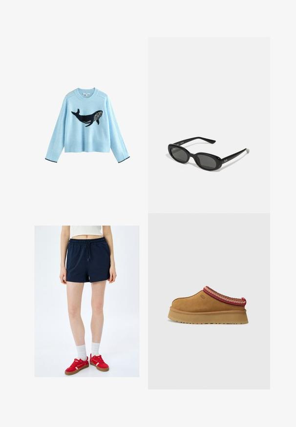 Hellblaues Sweatshirt mit einem Walfisch-Graphic, aus weichem Material hergestellt. Mit gerippten Bündchen und Saum in Marineblau. Kurz geschnittenes Design, lange Ärmel.; Marineblaue Shorts mit elastischem Bund und Kordelzug; aus weichem Stoff mit glatter Textur gefertigt, mit Seitennähten und entspannter Passform.; Braune Wildleder-Slipper mit rot-creamfarbenem gemusterten Besatz, strukturiertem Absatz und UGG-Logo an der Seite. Verfügt über eine leichte Plattformhöhe.; Schwarze Sonnenbrille mit ovalen Gläsern, glänzendem Kunststoffrahmen und schlanken Bügeln. Mit Ray-Ban-Logo in Weiß an der Seite.