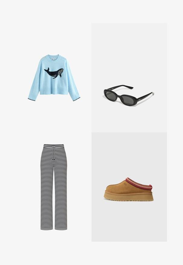 Suéter azul claro con un gráfico de ballena, hecho de un material suave. Presenta puños y bajo acanalados con detalles en color marino. Diseño recortado, de manga larga.; Pieces PCLAYA MW WIDE  - Pantalones - bright white; Zapato de ante marrón sin cordones con ribete decorativo rojo y crema, suela texturizada y logo de UGG en el lateral. Presenta una ligera altura de plataforma.; Gafas de sol negras con lentes ovalados, marco de plástico brillante y brazos delgados. Presenta el logotipo de Ray-Ban en blanco en el lateral.