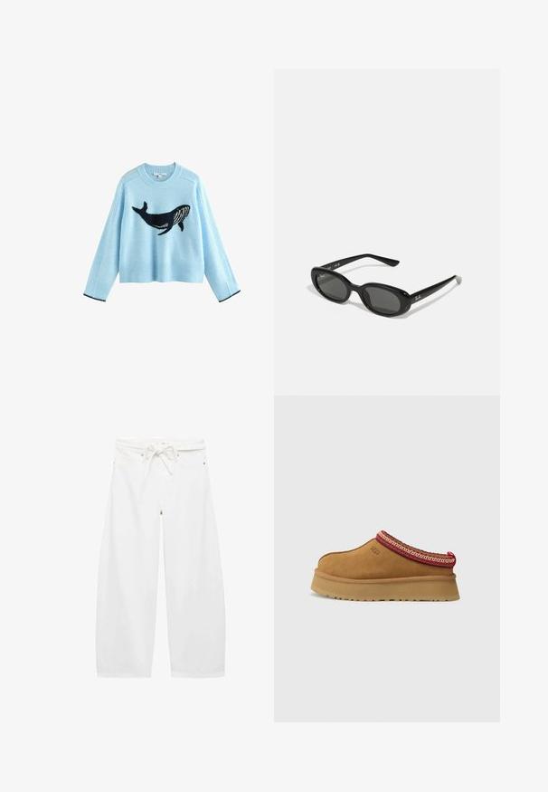 Pulover bleu deschis cu un grafic de balenă, realizat dintr-un material moale. Are manșete și tiv ondulate cu accente navy. Design scurt, cu mâneci lungi.; Pantaloni largi albi dintr-un material ușor, cu talie cu șnur, două buzunare frontale și accente simple din metal.; Pantof brown din suede, tip slip-on, cu bordură modelată în roșu și crem, talpă texturată și logo UGG pe lateral. Prezintă o ușoară înălțime a platformei.; Ochelari de soare negri, cu lentile ovale, cadru din plastic lucios și brațe subțiri. Prezentă logo-ul Ray-Ban în alb pe lateral.; Fular roșu cu buline albe și margine cu un model. Fabricat dintr-un material ușor, având un design legat cu capete ascuțite.