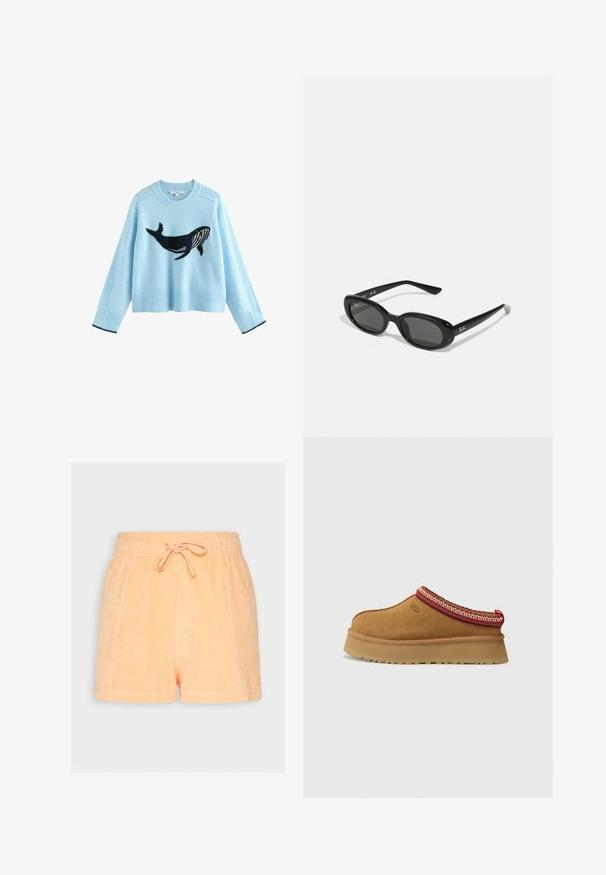 Šviesiai mėlynas megztinis su banginio grafika, pagamintas iš švelnios medžiagos. Yra raukšlėti rankogaliai ir apatinė dalis su jūros mėlyniais akcentais. Trumpas dizainas, ilgomis rankovėmis.; Persikų spalvos frotiniai šortai su elastinga juostos ir raišteliu. Išsiskiria minkšta tekstūra ir laisvu siluetu.; Rudos zomšos paslydimo bateliai su raudona ir kreminėmis raštuotomis juostelėmis, tekstūruotu padu ir UGG logotipu šone. Atskiria šiek tiek padidinta platforma.; Juodos saulės akiniai su ovaliais lęšiais, blizgiai plastikinis rėmas ir plonos kojelės. Šone matomas balta Ray-Ban logo.