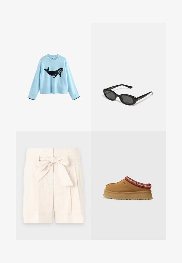 Pull bleu clair avec un graphique de baleine, fabriqué en matériau doux. Présente des poignets et un ourlet côtelés avec des accents marine. Design court, manches longues.; Shorts beiges taille haute avec une ceinture nouée, design plissé et revers dans un tissu léger.; Chaussure slip-on en daim marron avec un bord en rouge et crème à motifs, semelle texturée et logo UGG sur le côté. Présente une légère hauteur de plateforme.; Lunettes de soleil noires avec des verres ovales, monture en plastique brillant et branches fines. Présente le logo Ray-Ban en blanc sur le côté.